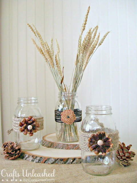 Pine-Cone-Flower-Embellished-Mason-Jars